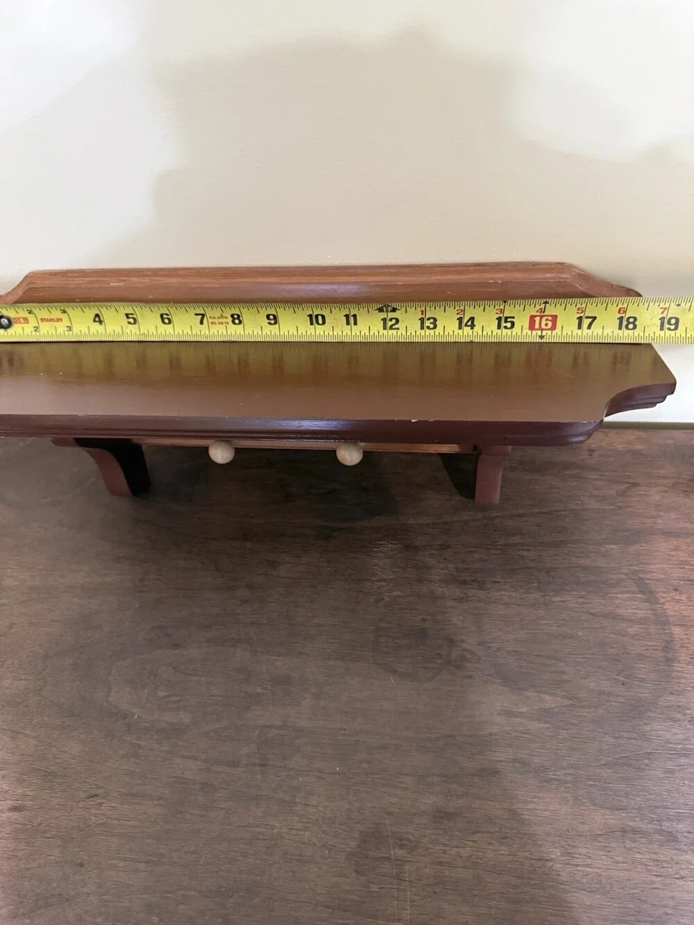 Vintage Wood Wall Shelf Plate Ledge 2 Peg Hooks Two-Tone Country Farmhouse 19